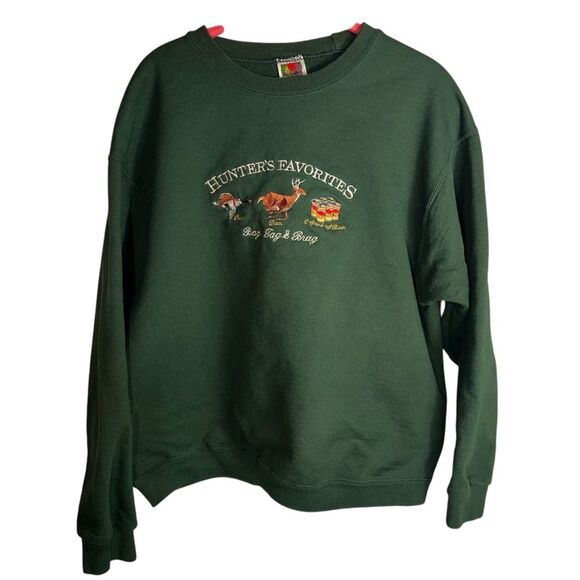 Fruit of the Loom Other - Vintage Embroidered Hunters Sweatshirt Medium Green Duck Buck Beer Bag Tag Brag